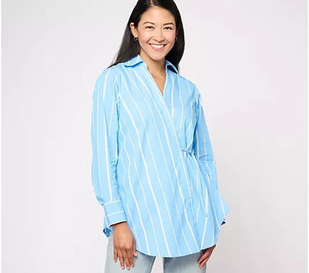 Studio Park Wrap Shirt Womens Small Blue Striped Collared Corporate Chic Office